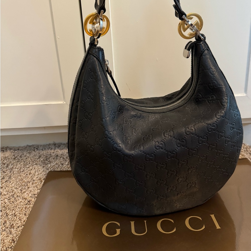 Gucci Black Guccissima Leather GG Twins Medium Hobo Bag